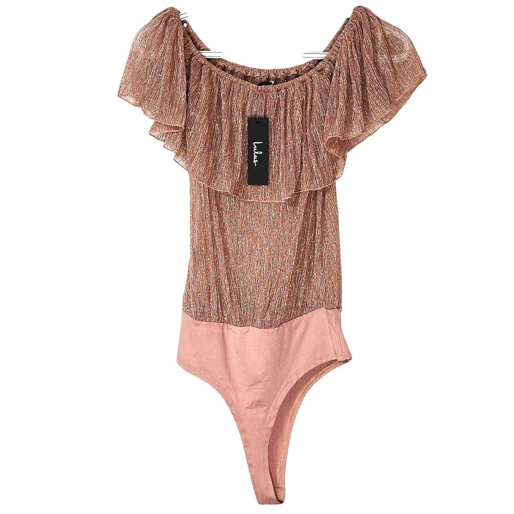 Lulu's Metallic Rose Gold Off-Shoulder Ruffle Bodysuit with Pink Bottom